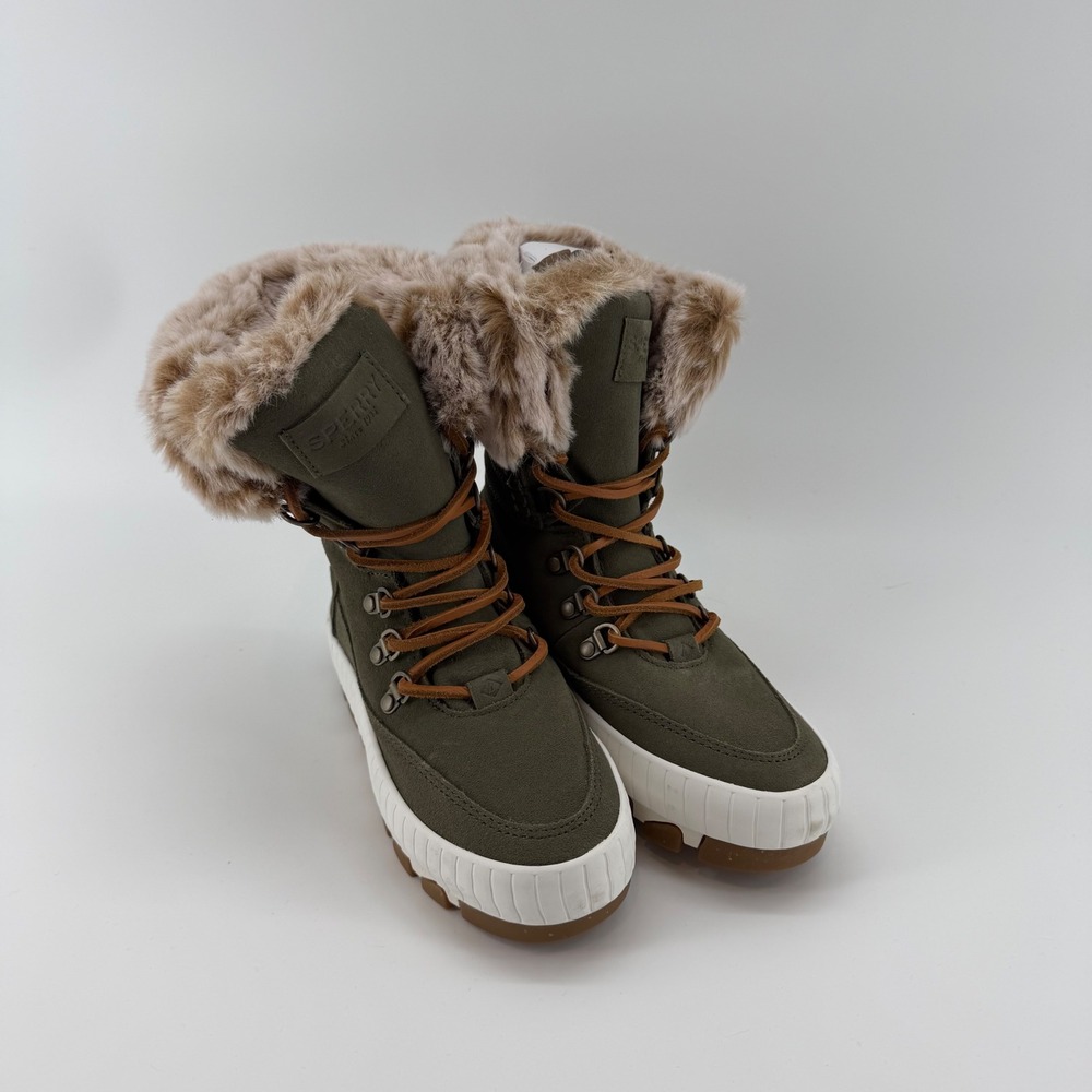 Sperry Torrent Winter Suede Boots Women 5 Olive Green NEW Waterproof Faux Fur